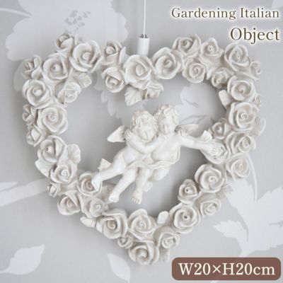 ガーデニング イタリアン オブジェ 薔薇と天使 ハートリース 幅20cm