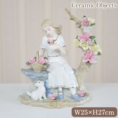 アンティーク スペイン調 陶器 オブジェ(置物) 猫と女の子 高さ27cm 【送料無料】 [Y]