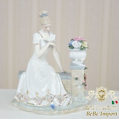 アンティーク スペイン調 陶器 オブジェ(置物) 貴婦人と小鳥 高さ30cm 【送料無料】