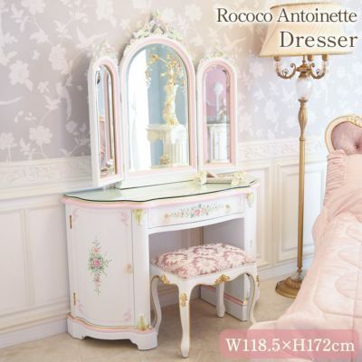 ROCOCO アントワネット 宮殿のドレッサー スツールセット ガラス付 【送料無料/設置サービス付】
