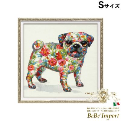 絵画 額アンティーク ハンドペイント かわいい おしゃれ 犬 オイル ペイント アート(Sサイズ)「ドッグフラワー」 ヨーロピアン ロココ 姫系【送料無料】