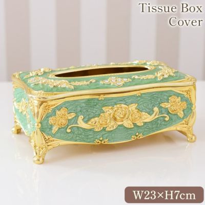 ゴージャス 薔薇のティッシュケース グリーン 幅23cm