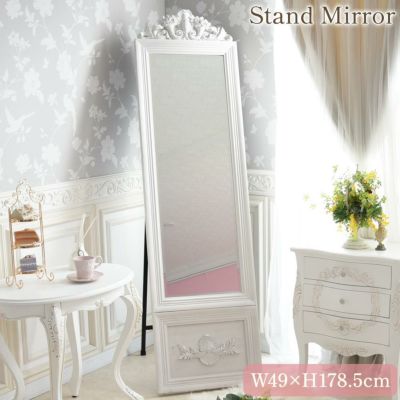 ＼9%OFF／ ロココ調 スタンドミラー アンティーク ホワイト 幅49cm 【送料無料】