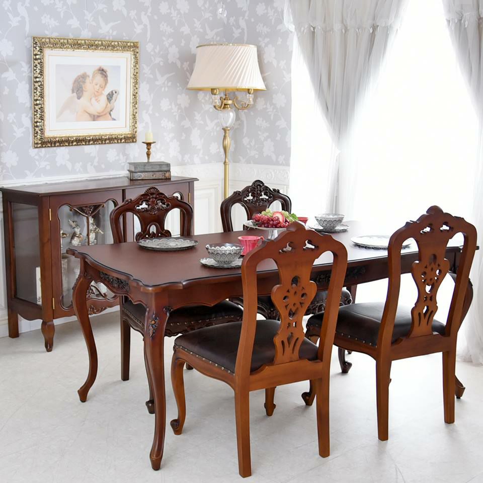 英国調 クイーンアン様式 ダイニングセット5P 4人掛け ブラウン 幅170cm 画像1