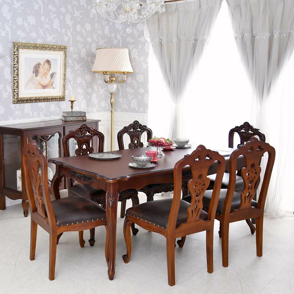 英国調 クイーンアン様式 ダイニングセット7P 6人掛け ブラウン 幅170cm 画像1
