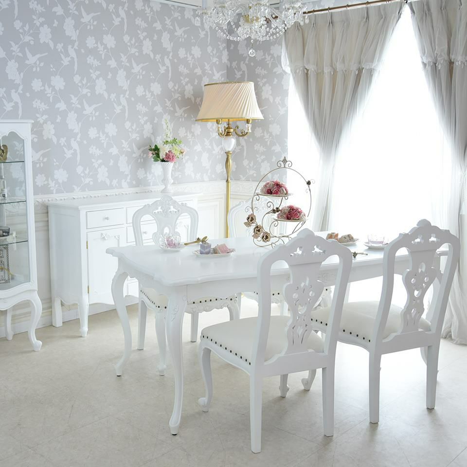 英国調 クイーンアン様式 ダイニングセット5P 4人掛け ホワイト 幅170cm 画像1