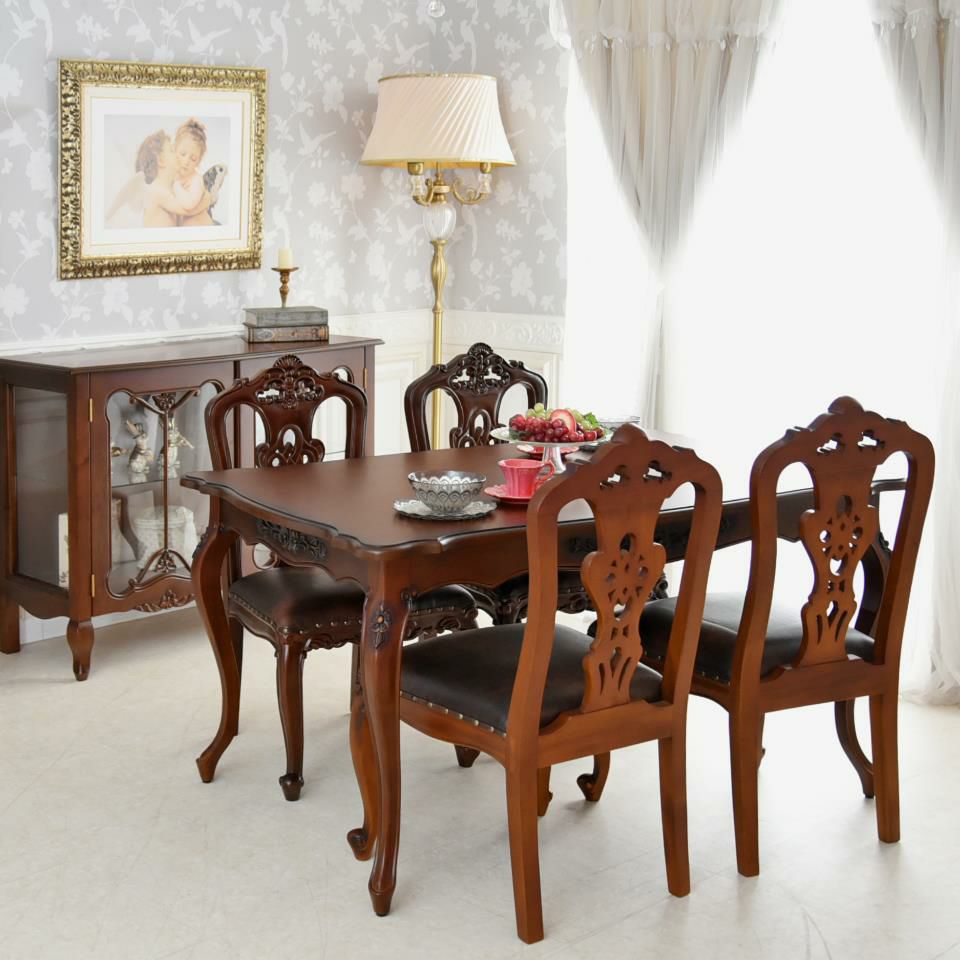 英国調 クイーンアン様式 ダイニングセット5P 4人掛け ブラウン 幅140cm 画像1