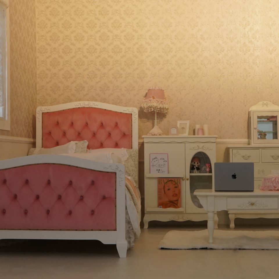 姫系シングルベッド ピンク 白家具 ロココ調 画像15