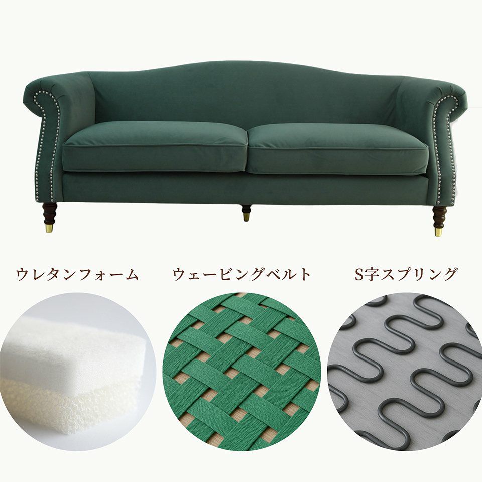 ヨーロピアン クラシック アンティーク調 3人掛けソファ 3Pソファ ベルベット 画像16