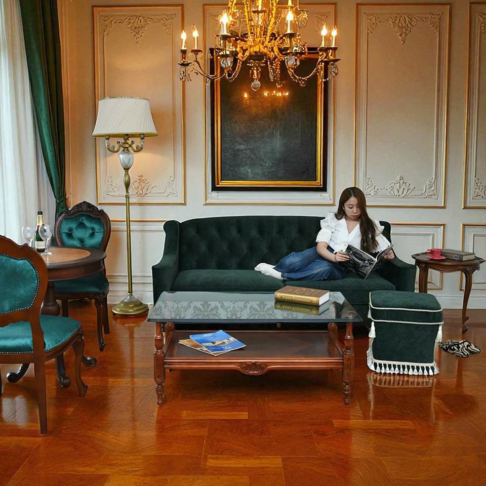 アンティーク調 ヨーロピアン 3人掛けソファ 3Pソファ ベルベット 画像9