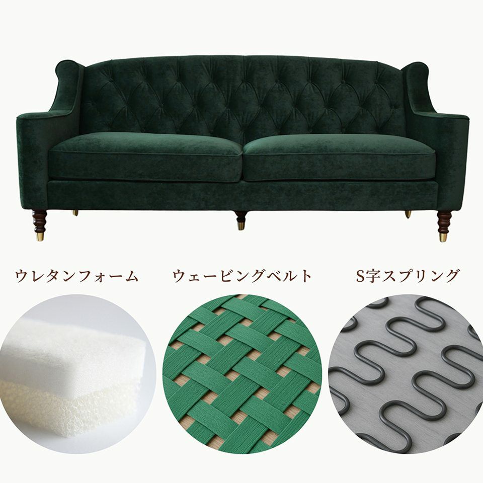 アンティーク調 ヨーロピアン 3人掛けソファ 3Pソファ ベルベット 画像15