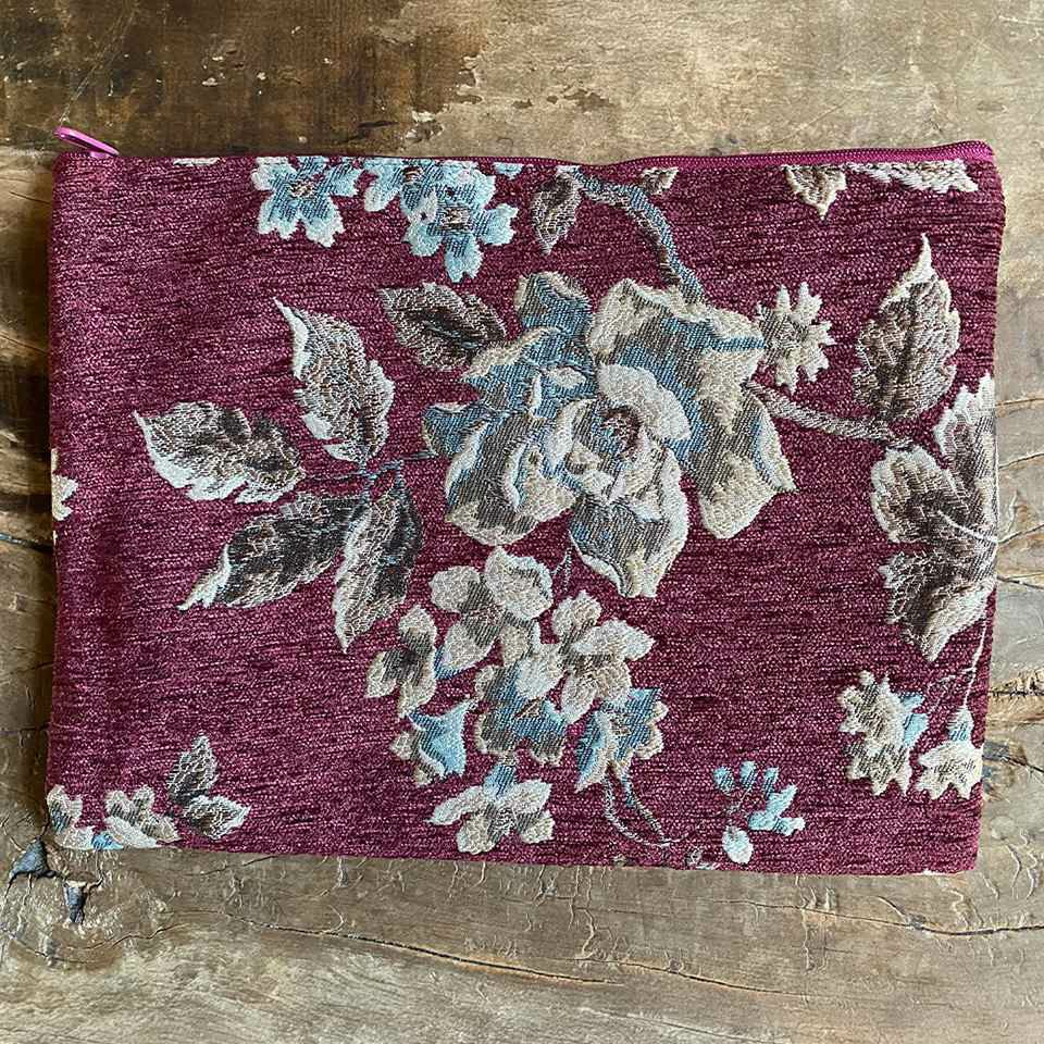 フラットポーチ ジャガード ワインレッド 花柄 化粧ポーチ 布製 ファッション雑貨 画像4
