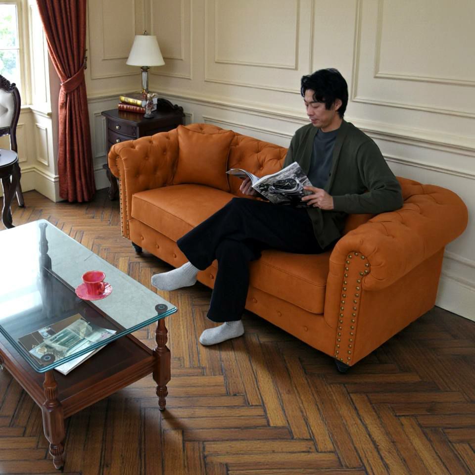 クラシック チェスターフィールド 3人掛けソファ 3P 撥水 キャメル 画像3