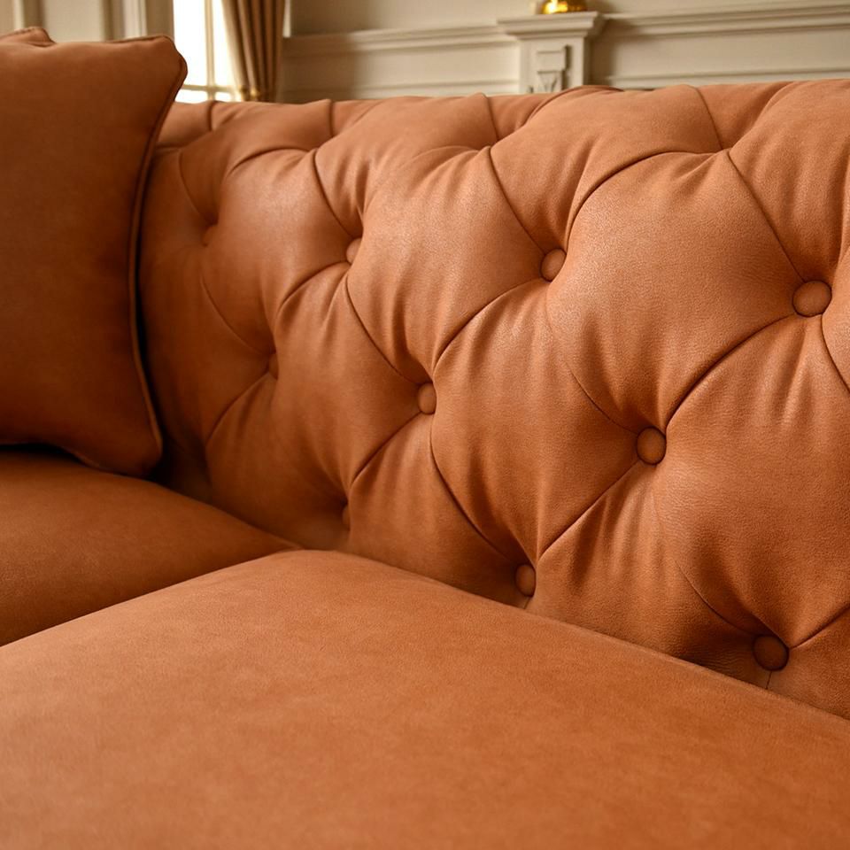 クラシック チェスターフィールド 3人掛けソファ 3P 撥水 キャメル 画像6