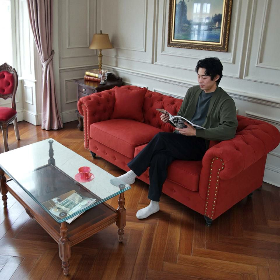 クラシック チェスターフィールド 3人掛けソファ 3P 撥水 レッド 画像3