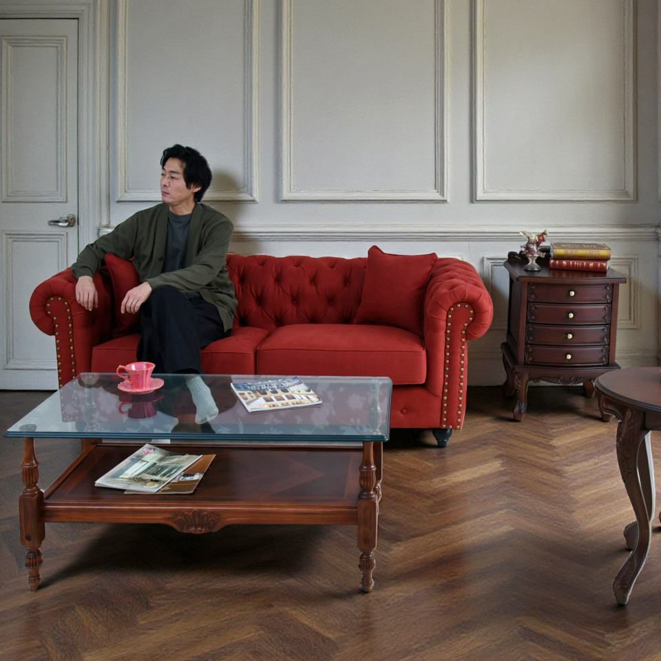 クラシック チェスターフィールド 3人掛けソファ 3P 撥水 レッド 画像10