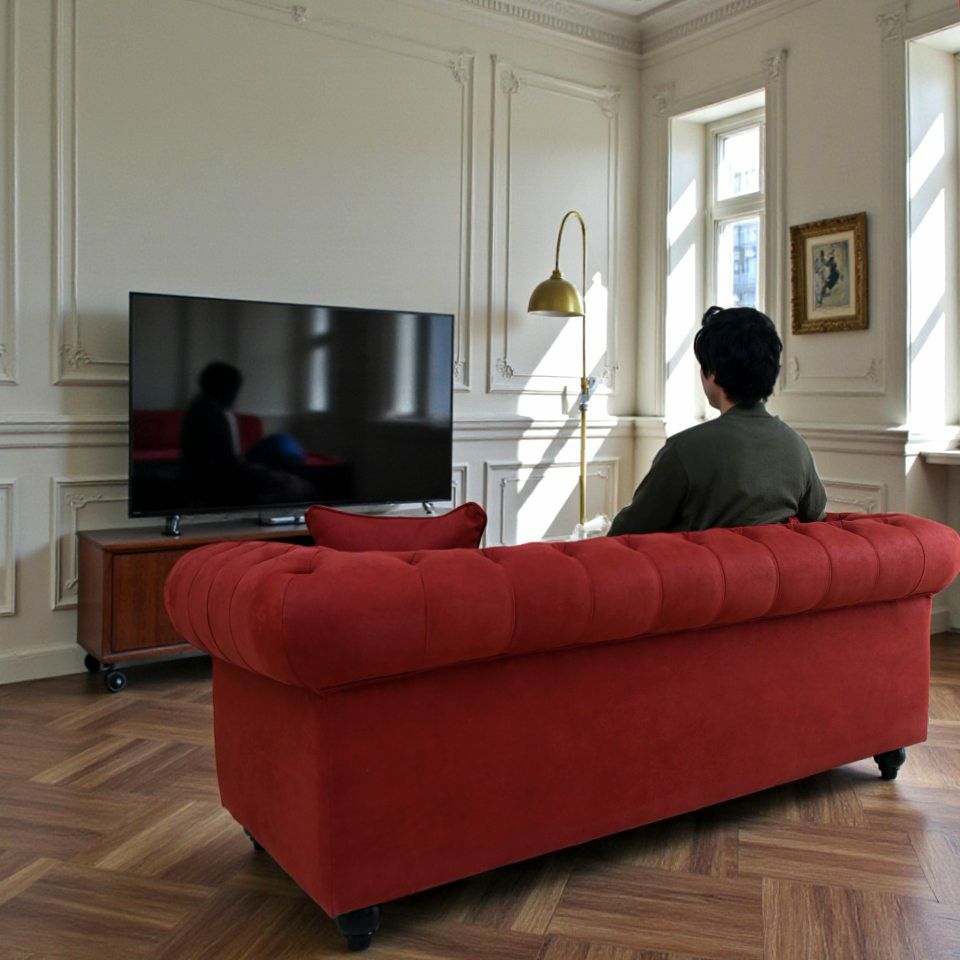 クラシック チェスターフィールド 3人掛けソファ 3P 撥水 レッド 画像11