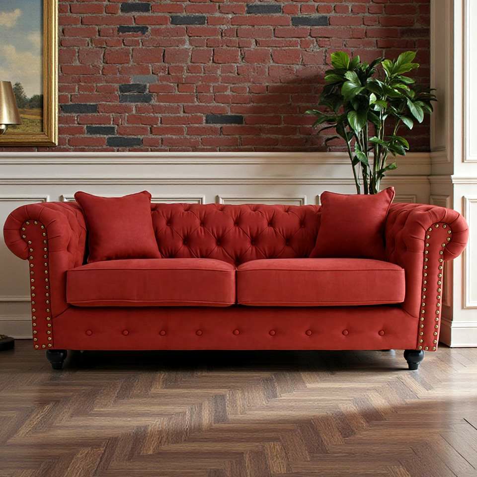 クラシック チェスターフィールド 3人掛けソファ 3P 撥水 レッド 画像13
