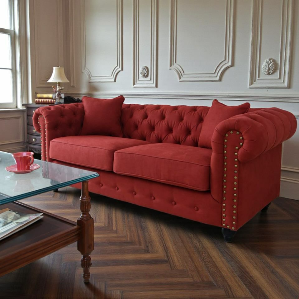 クラシック チェスターフィールド 3人掛けソファ 3P 撥水 レッド 画像19